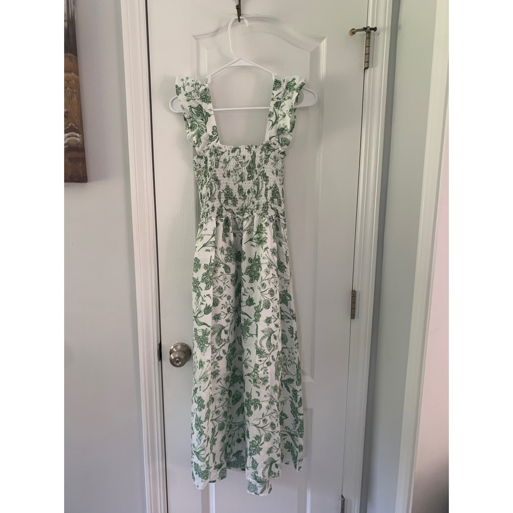 THML Green White Floral Toile Smocked Midi Dress Ruffle Strap Cottagecore M